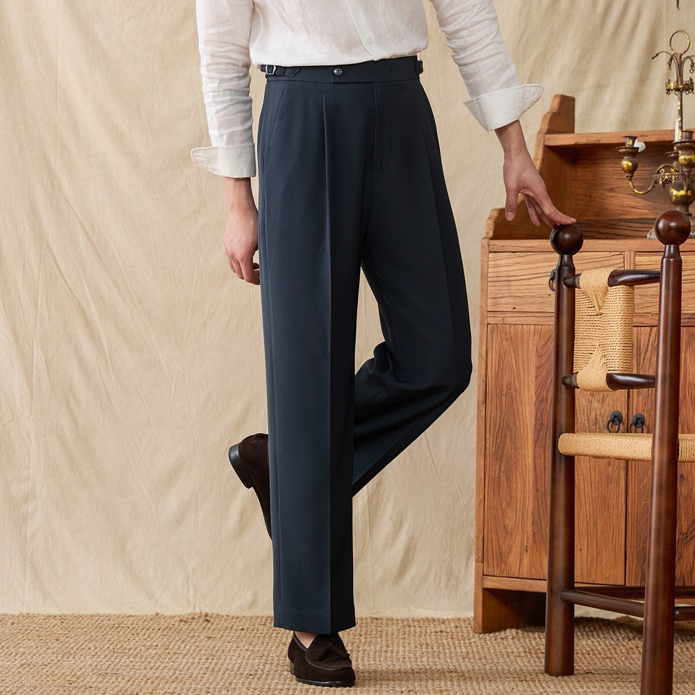 City Cotton Blend Pleated Straight Fit Trousers