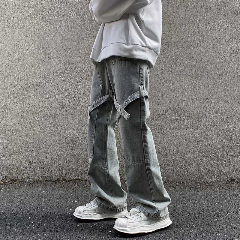 Jeans casuales de tubo recto suelto con remaches para ropa de trabajo para hombres