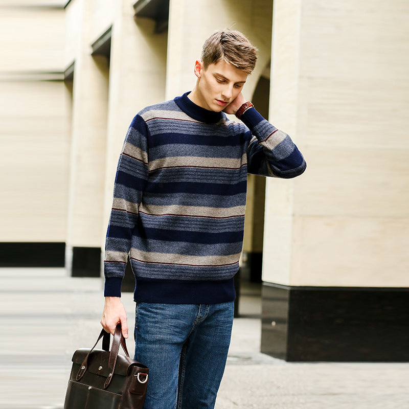 Men's Half Turtleneck Pullover Striped Knit sweater