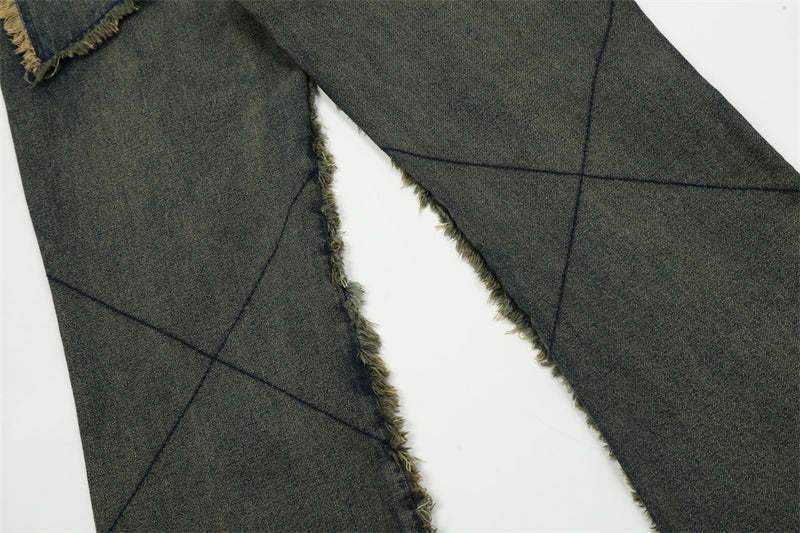 Heavy Craft Frayed Cat Beard Stitching Tassel Jeans For Men