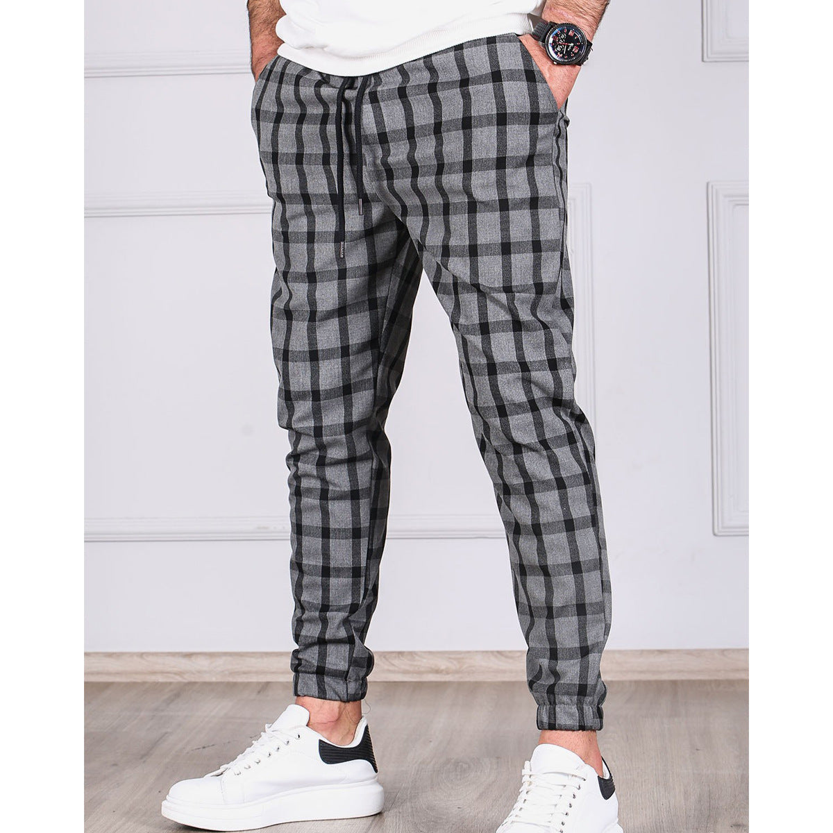 Small Lattice Striped Tethered Jogging Pants