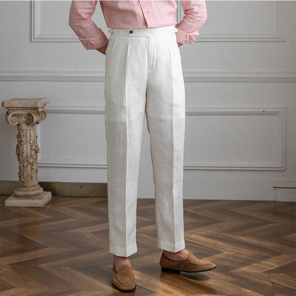 Men's Linen Straight Leg Pants High Waist Trousers
