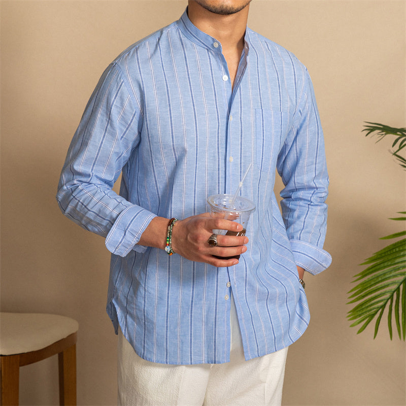 Linen Blend Striped Grandad Collar Shirt