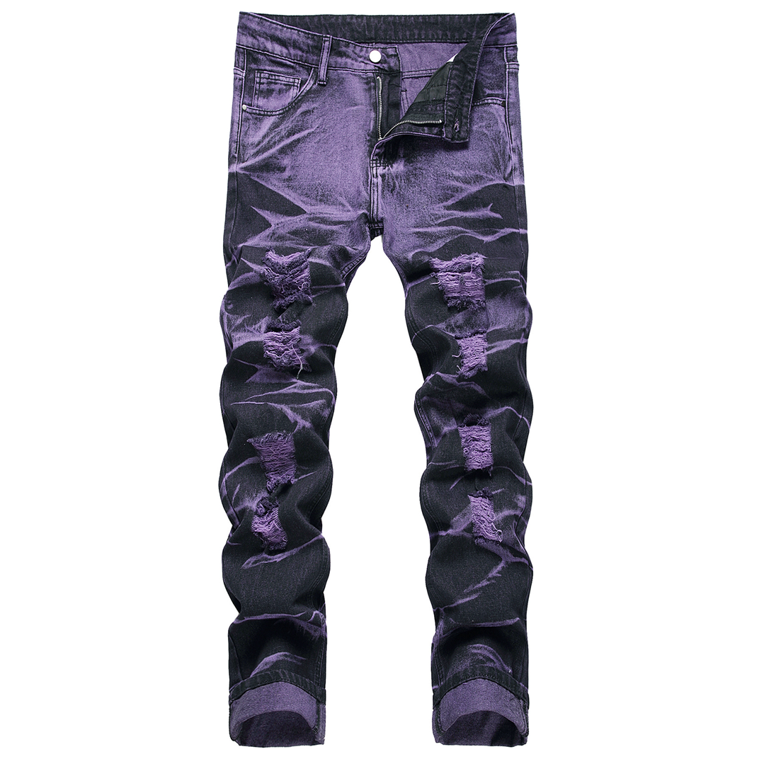 Purple And Black Fried Ripped Denim Trousers