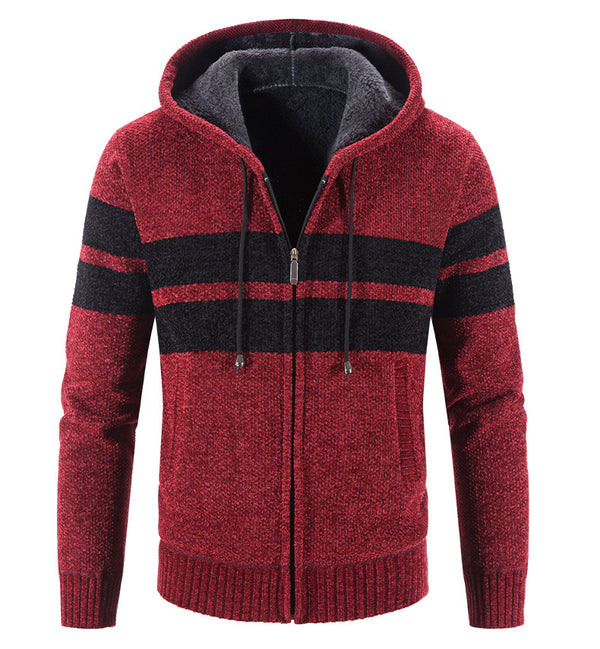 Hooded Striped Color-blocking Casual Plus Velvet Cardigan sweater