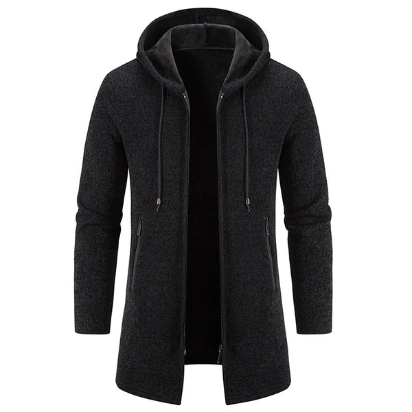 Autumn And Winter Fleece-lined Thickening Solid Color Men's Cardigan Mid-length Hooded Jacket