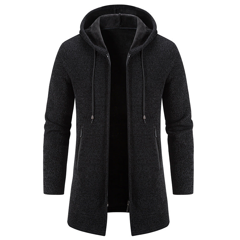 Autumn And Winter Fleece-lined Thickening Solid Color Men's Cardigan Mid-length Hooded Jacket