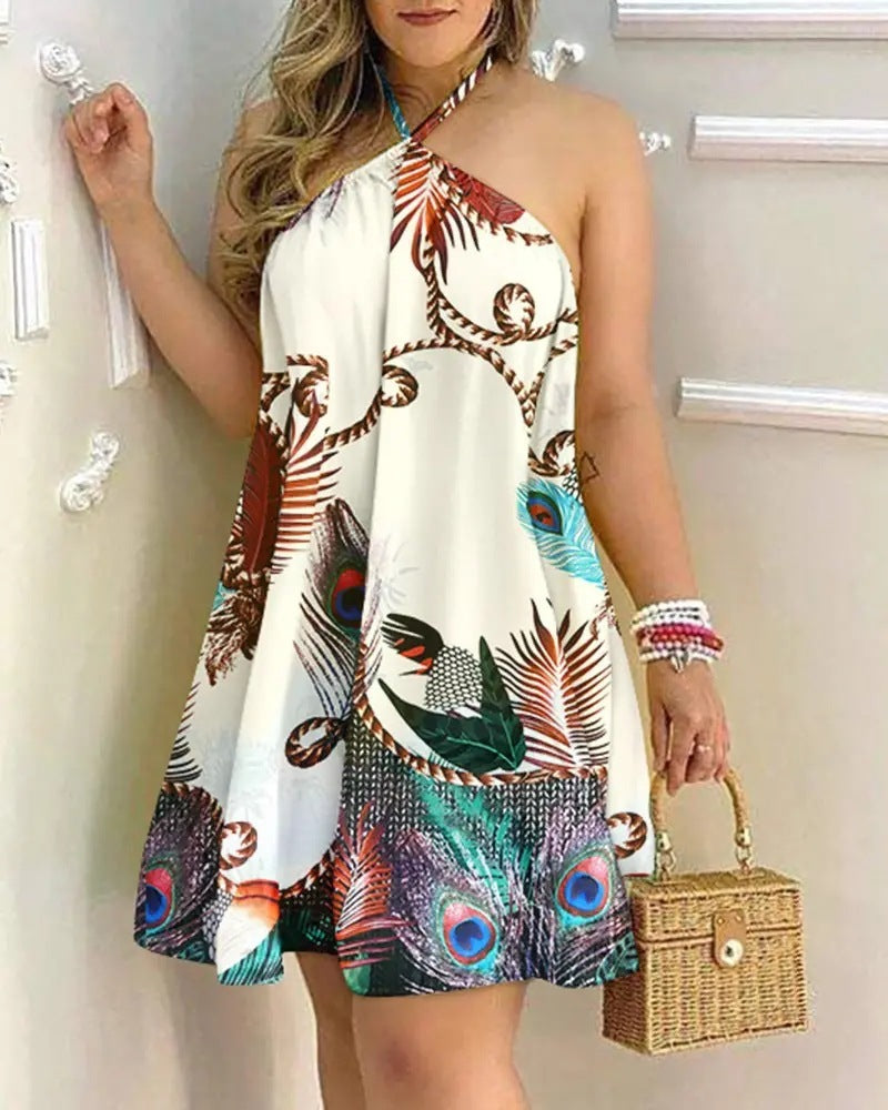 Printed Summer Off-Shoulder Hanging Neck Sleeveless Sexy Dresses