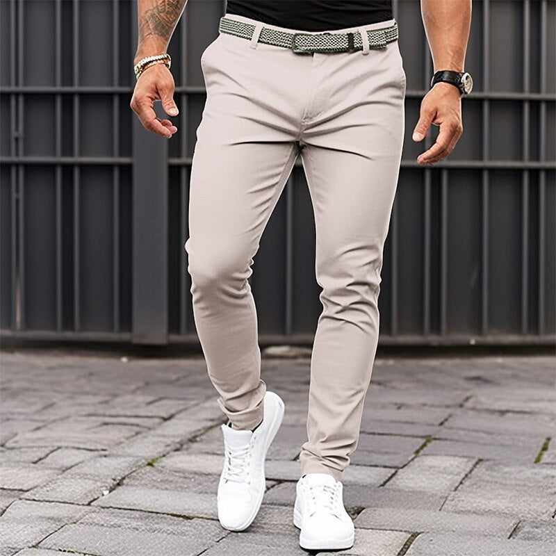 Men's Pure Color Tight Pocket Zipper Business Casual Slim-fitting Trousers