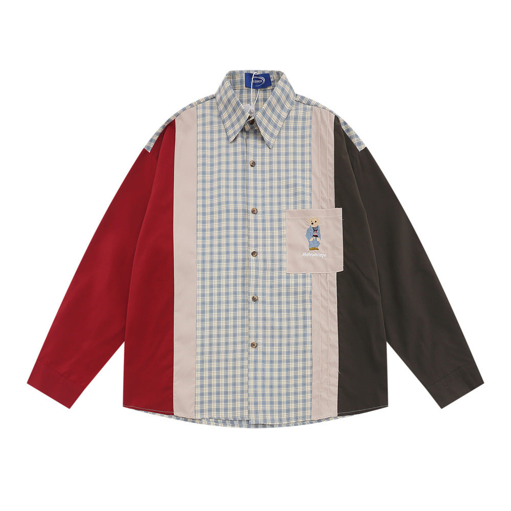 Plaid Shirt Men's Asymmetric Stitching Long-sleeved Shirt