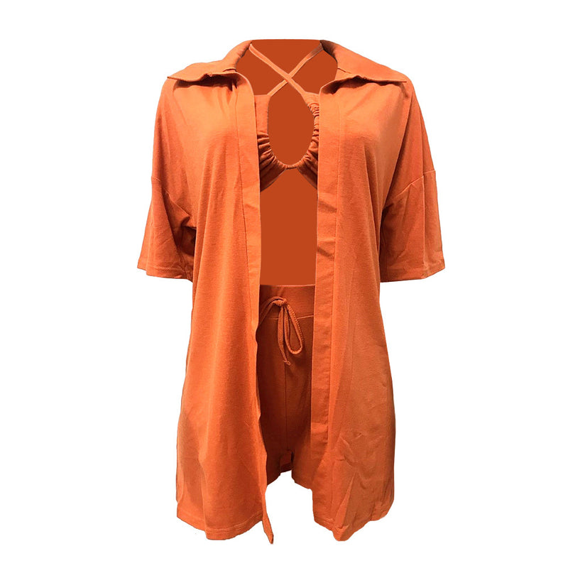 Women's Casual Lace-up Chest-wrapped Cloak Shorts Three-piece Set