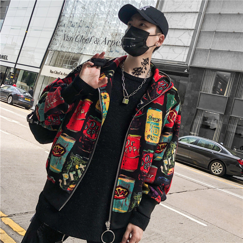 Printed Cardigan High Street Hip Hop Men's Loose Hooded Jacket