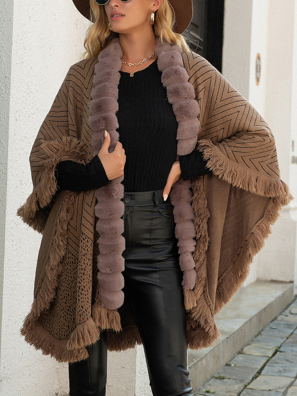 Autumn And Winter Luxury Wool Collar Tassel Shawl Sweater Cloak