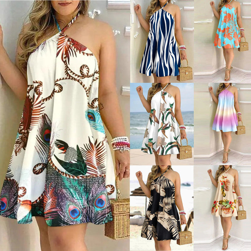 Printed Summer Off-Shoulder Hanging Neck Sleeveless Sexy Dresses