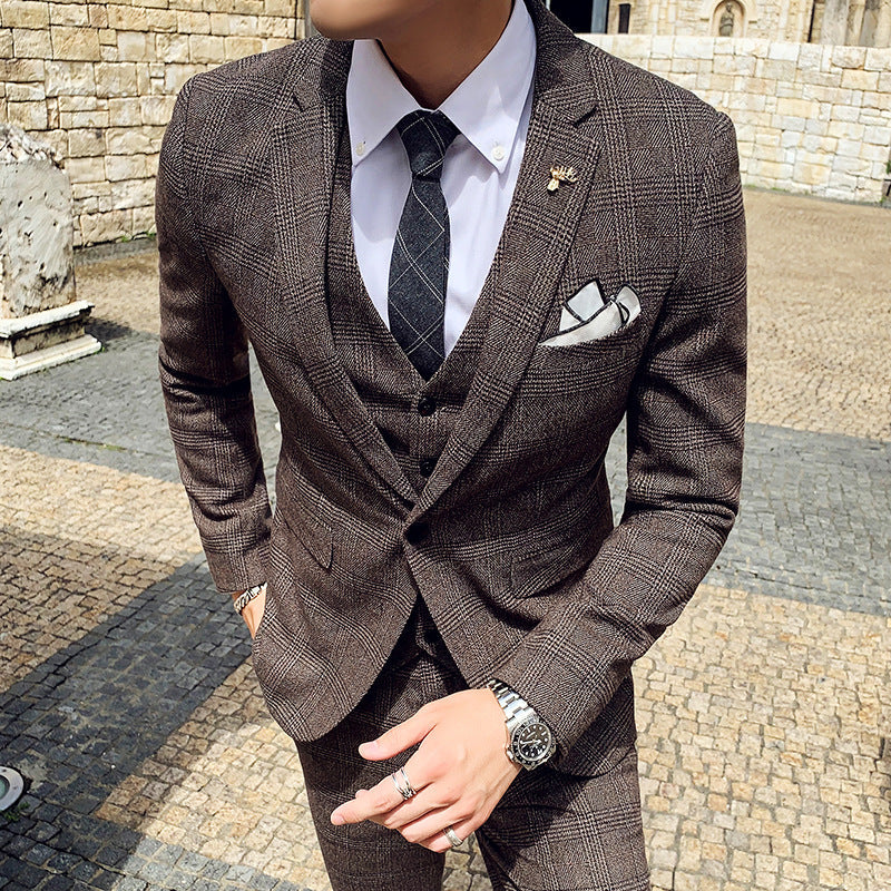 Plaid Korean Style Slim Men's Three-piece Suit