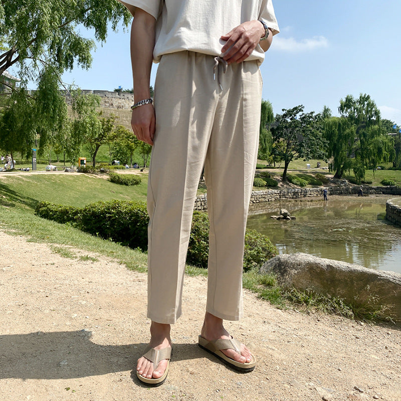 Men's Cropped Casual Cotton And Linen Trousers