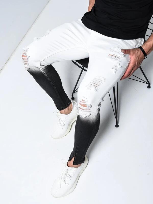 Gradient ripped jeans men's tide brand