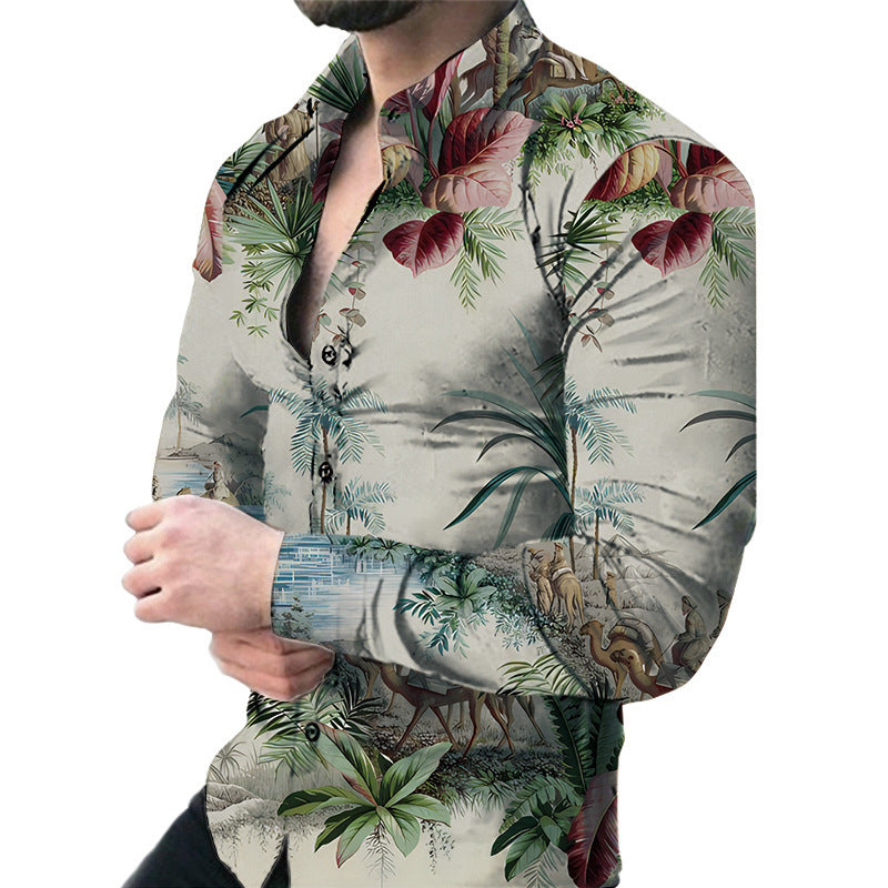 Men's Casual Long Sleeved Floral Shirt