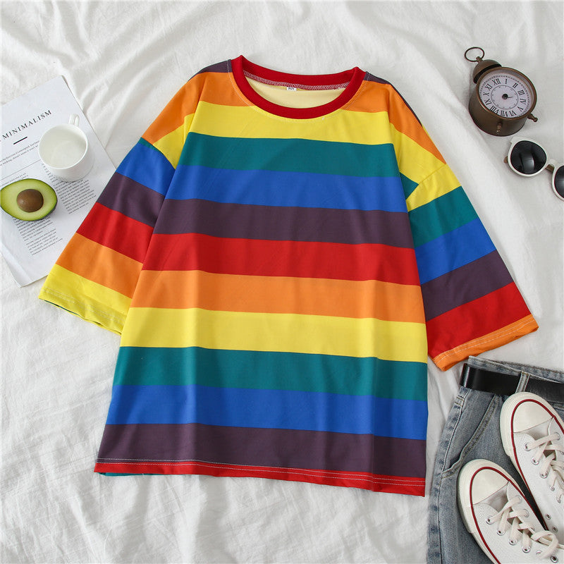 Rainbow Stripes Loose Hooded Sweater