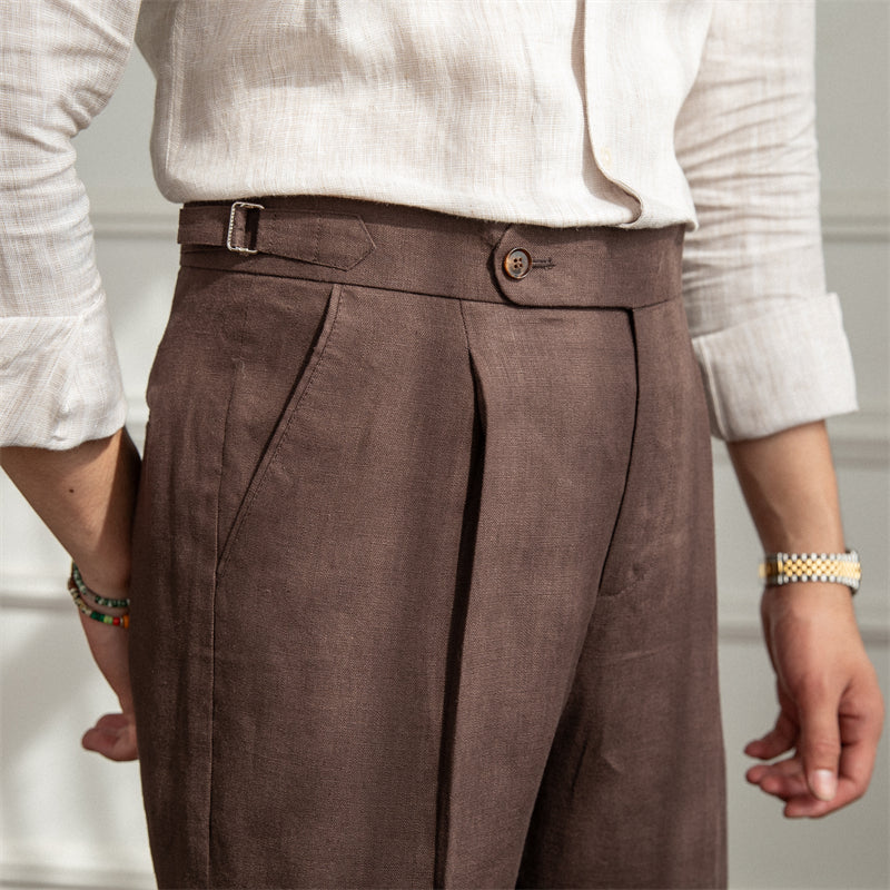 Men's Linen Straight Leg Pants High Waist Trousers