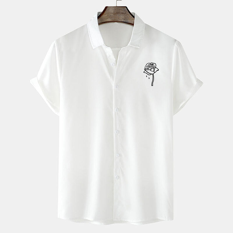 Elegant Men's Short Sleeved Shirt With Rose Charm