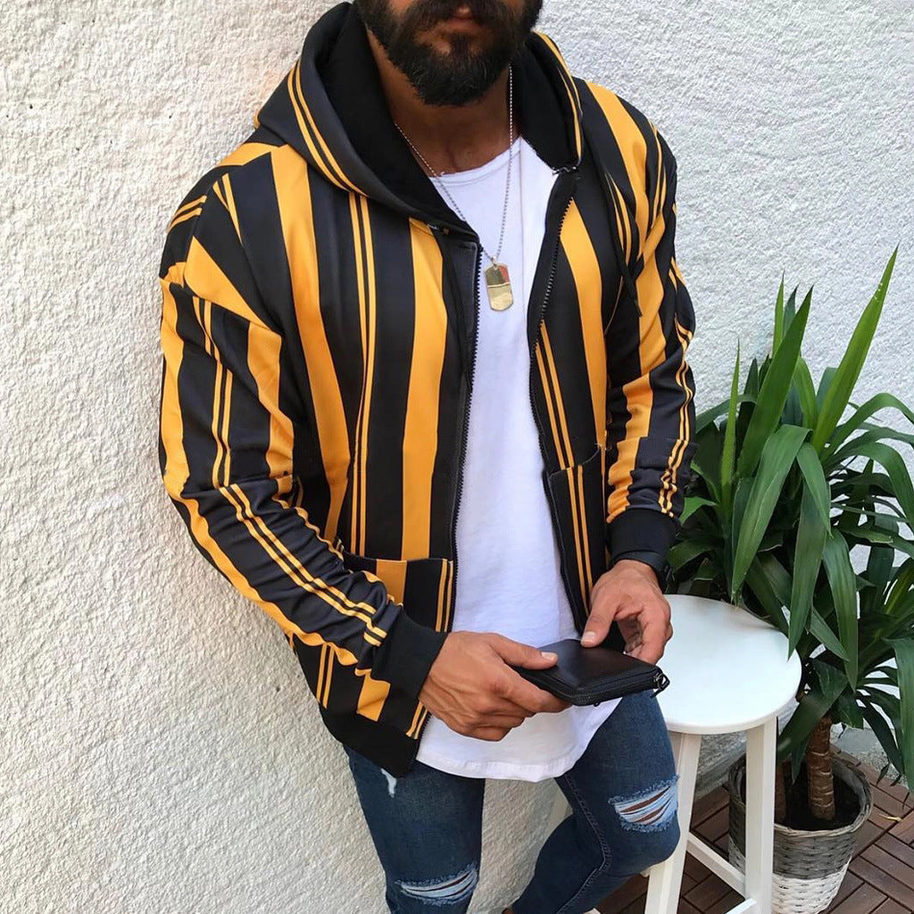 Striped color block fleece men's zipper jacket