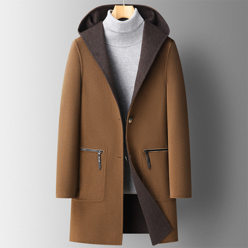 Fall Winter Hooded Double-sided Wool Men's Mid-length overcoat