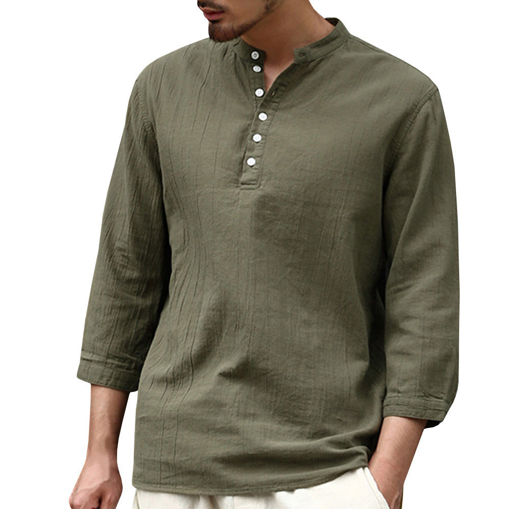 Solid Color Half Sleeve V Neck Linen Shirt