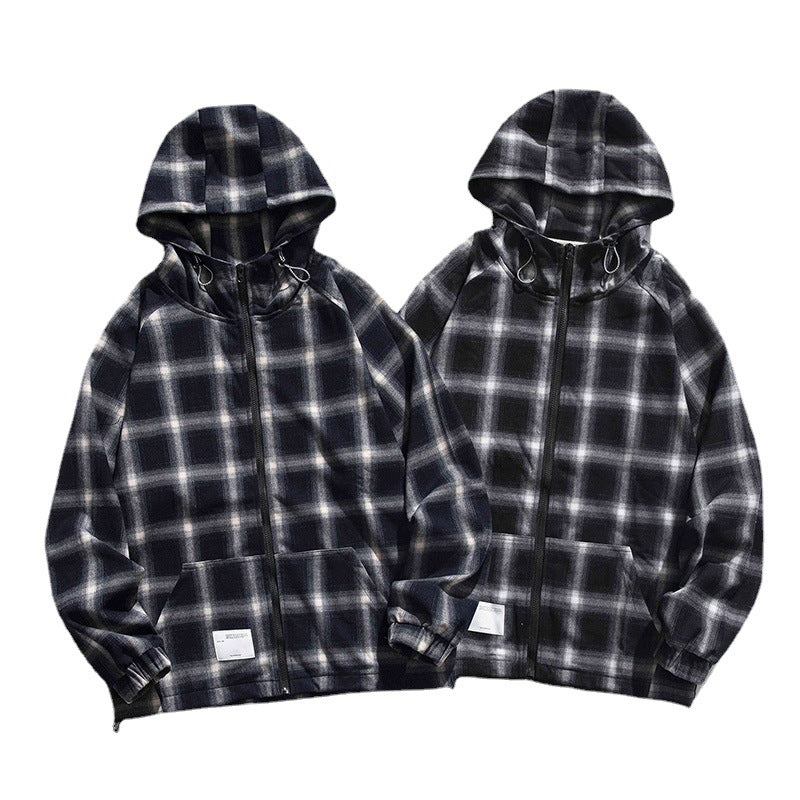 Plaid Hooded Zipper Sweater