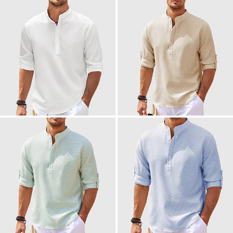 Men's Casual Long Sleeve Stand Collar Solid Color Shirt