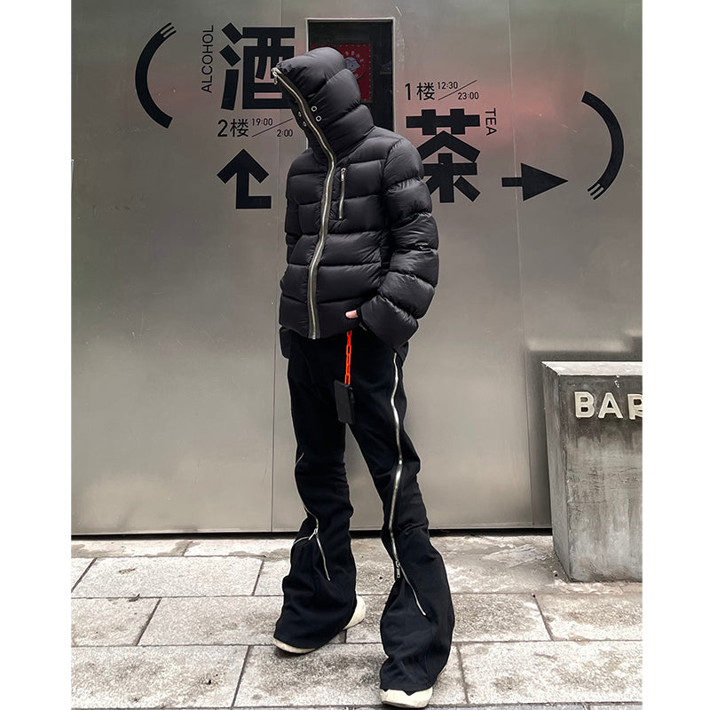 Dark Long Zipper Hooded Down Jacket