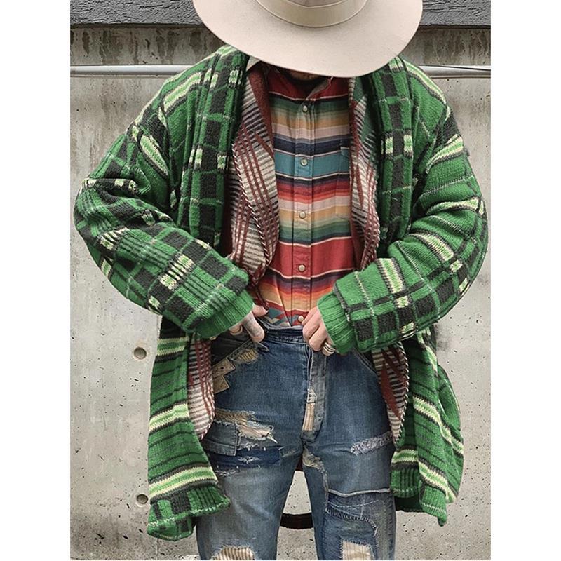 Fashion Check Knit Cardigan shirt men