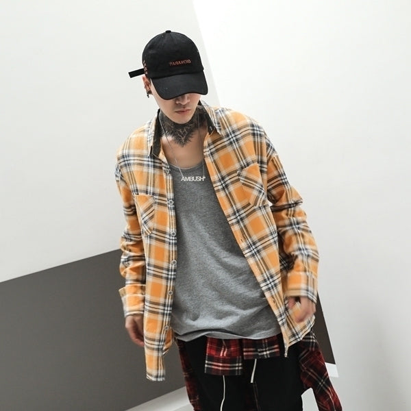 Yellow Lengthened Loose Plaid Casual Loose Shirt