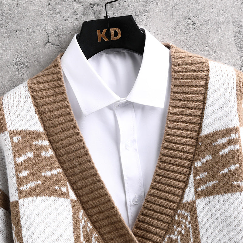 Knitted Cardigan Plaid Sweater Men's