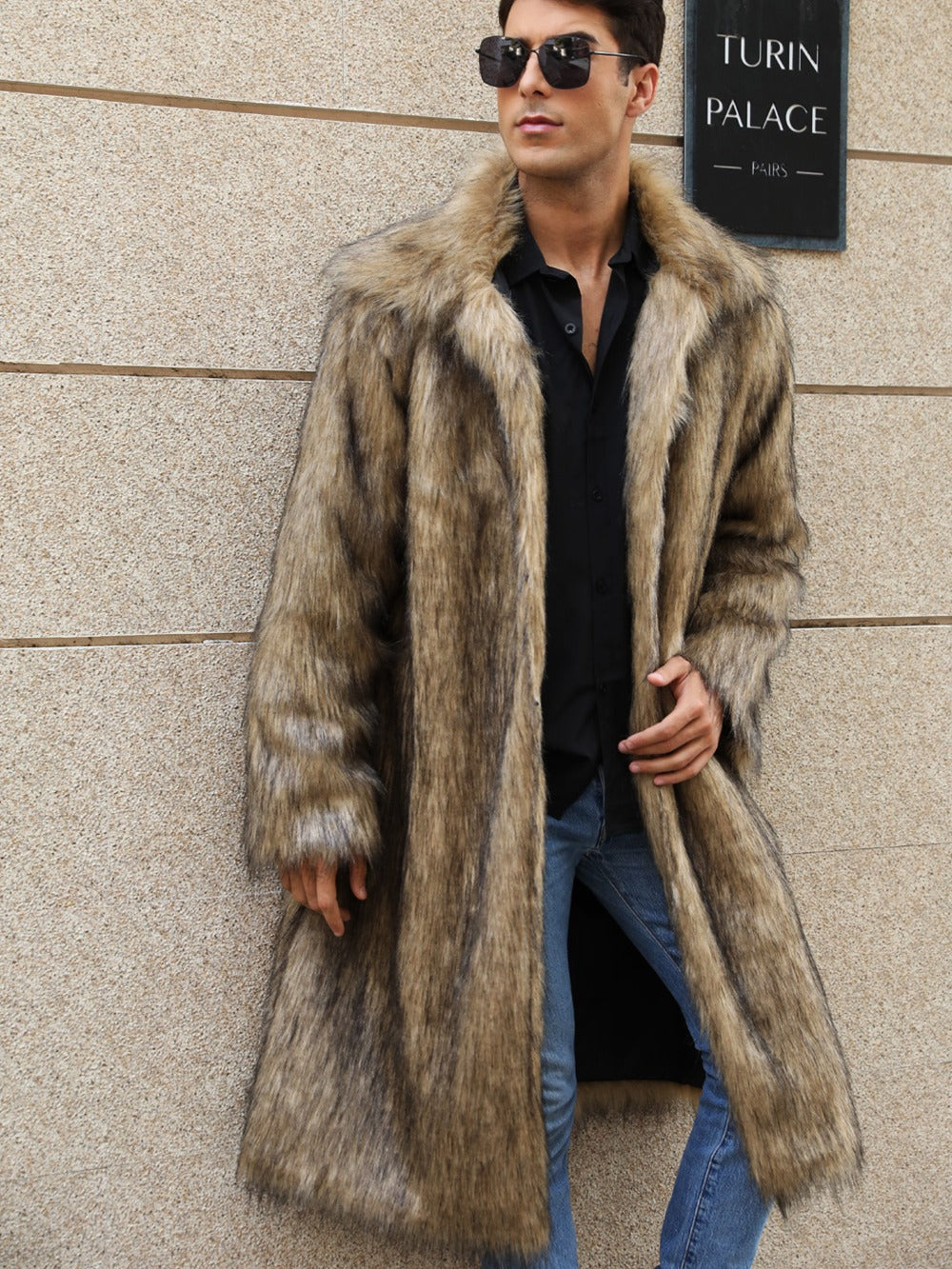 Yellow Lapel Imitation Fox Fur Men's Long Coat