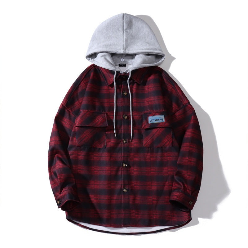 Hooded Plaid Shirt Men's Loose Casual Jacket