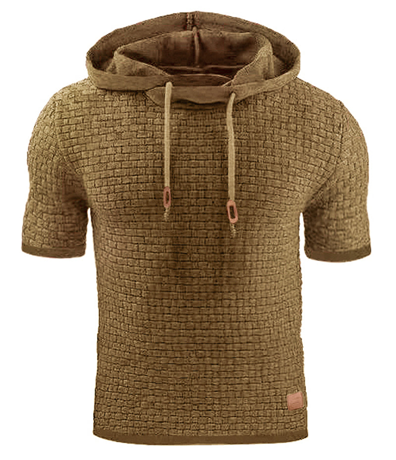 Mens Hooded Sweatshirt Short Sleeve Solid Knitted Hoodie Pullover Sweater