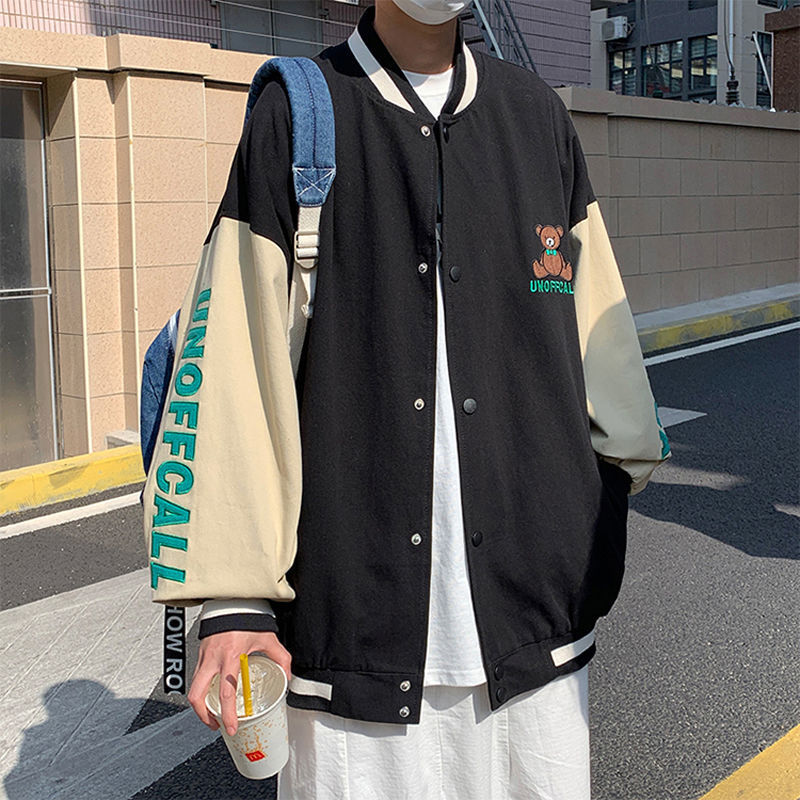 Casual Cartoon Bear Embroidery Baseball Bomber Jacket