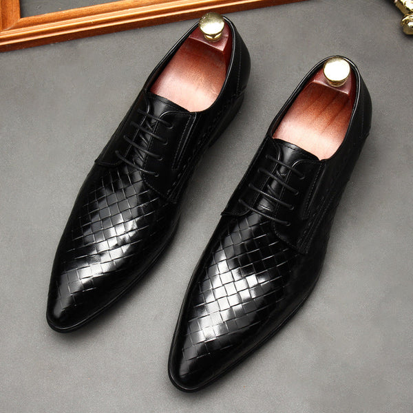 Men's Leather Shoes With Embossed Stone Pattern Laced Cowhide