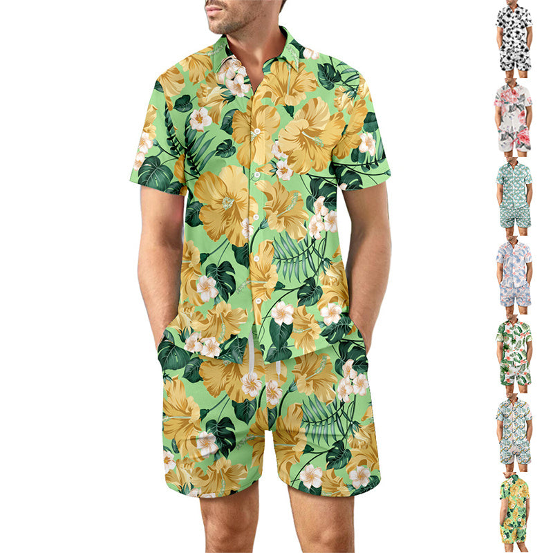 2Pcs Printed Beach Shirt Summer Suit