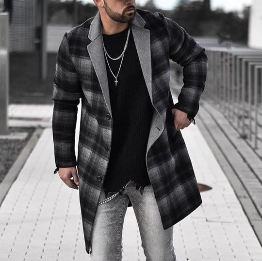 Mid-Length Men's Plaid Lapel Woolen trench Coat