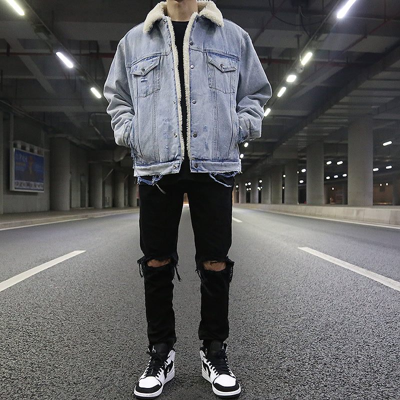 Distressed Damaged Lamb Fur Collar Denim Jacket