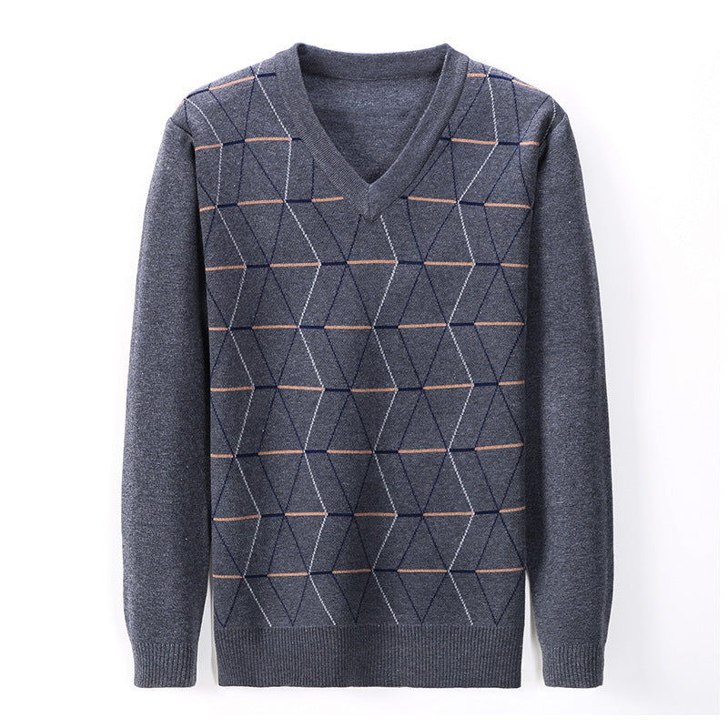 Maglione spesso da uomo a maniche lunghe in jacquard con scollo a V