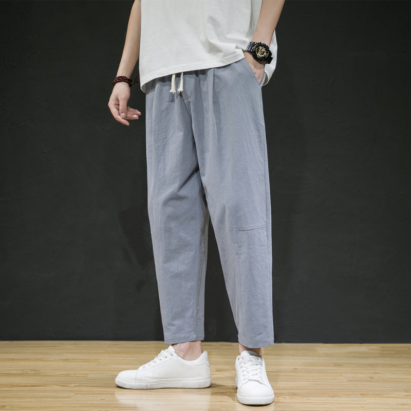 Men's Cotton And Linen Loose Linen Straight-leg Cropped Trousers