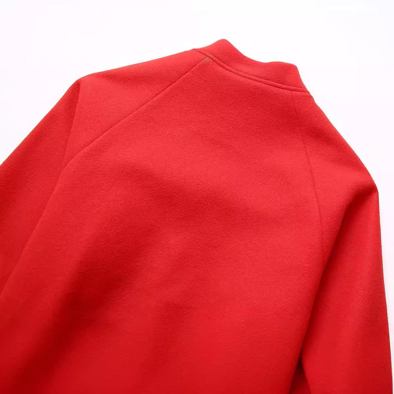 Red Stand-up Collar Casual Woolen Baseball Uniform Jacket