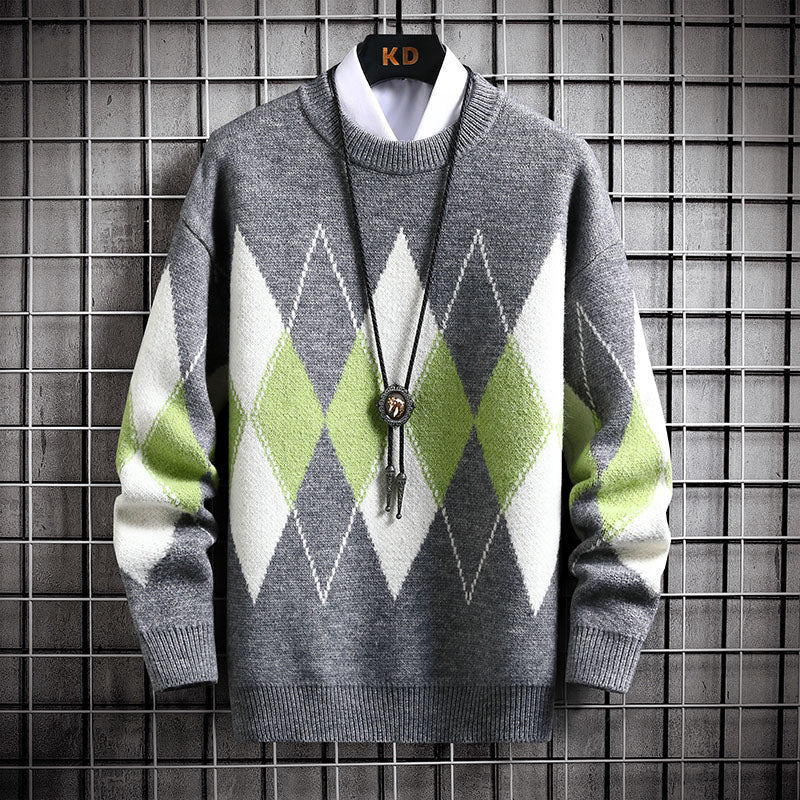 Men's Round Neck Trend Loose Plaid Sweater