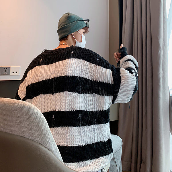 Men Ripped Fringe Striped Sweater
