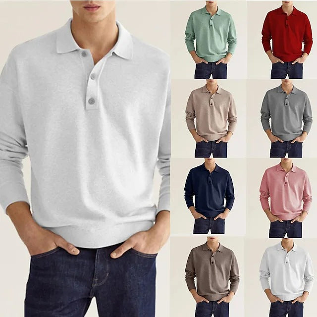 Long Sleeve V-neck Button up Men's Casual Top Polo Shirt