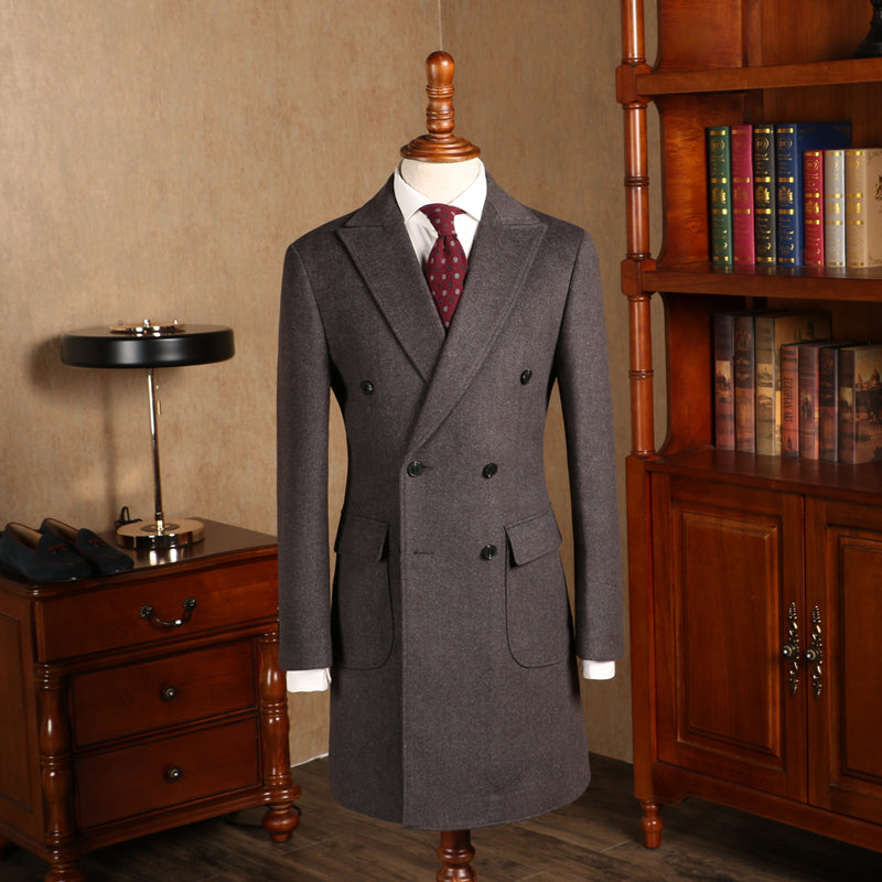 Herringbone Woolen Mid Length Double Breasted trench Coat