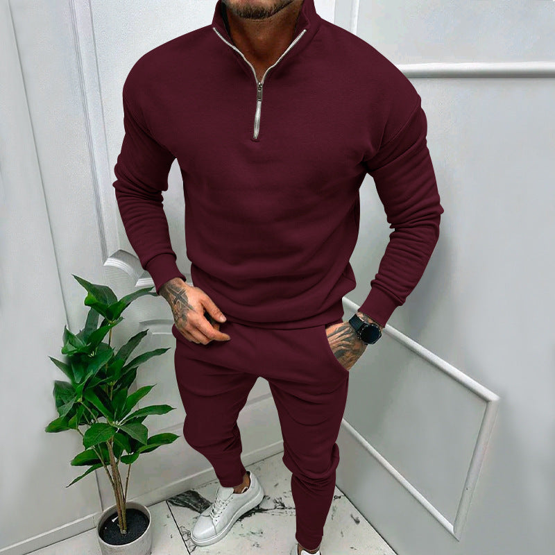 Men's Casual Fleece-lined Solid Color Top And Trousers Suit